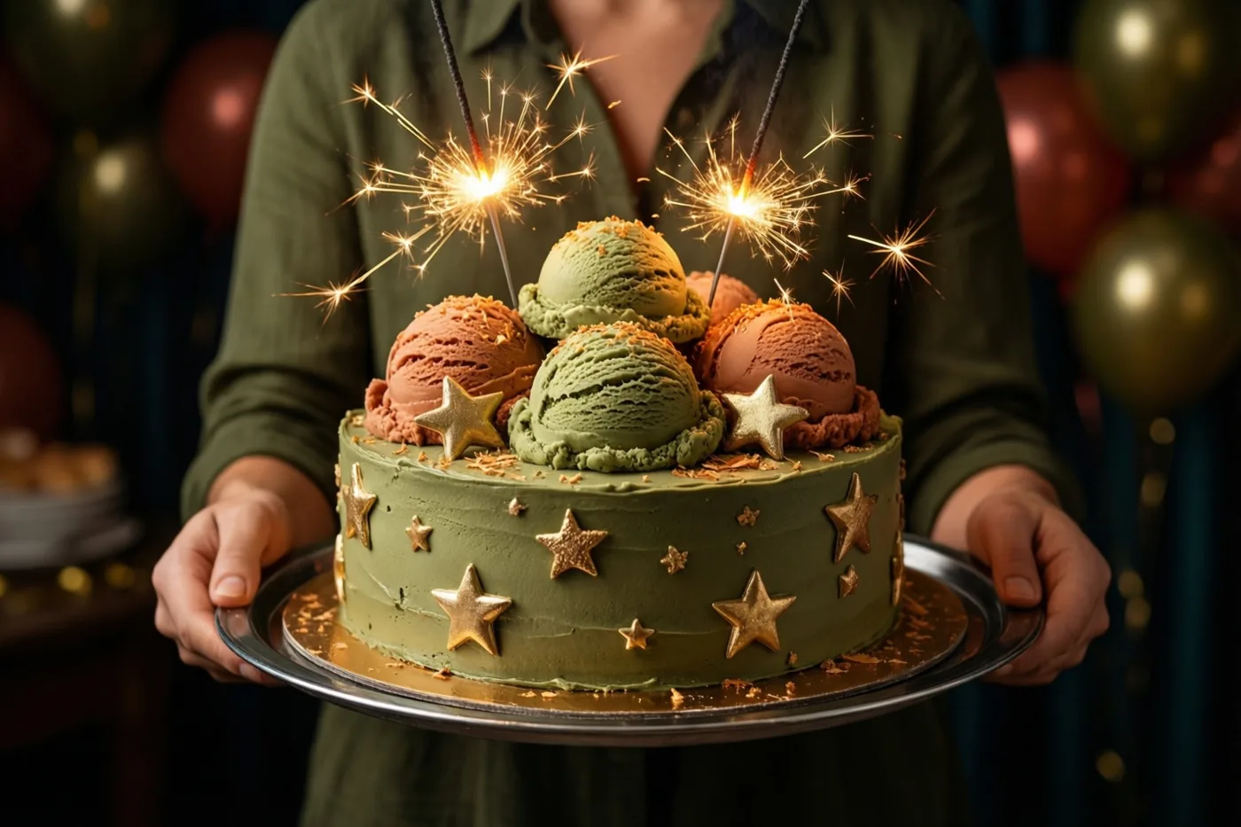 Iemand draagt een groene ijstaart met groene en bruine ijsbollen, gouden sterren en twee brandende sterretjes op een zilveren dienblad, met ballonnen op de achtergrond.