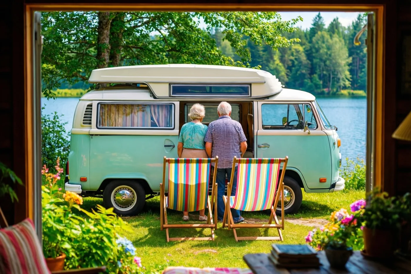 Door een deuropening met een houten omlijsting is een ouder koppel van achteren te zien naast een pastelgroene en witte vintage kampeerbus, met gestreepte ligstoelen in het zonnige gras aan een meer.