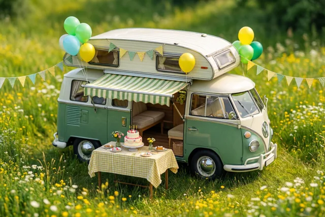 Een groen-crèmekleurige oude kampeerbus staat in een zonnige bloemenweide, met taart en bordjes op een geruite tafel onder de luifel, ballonnen en vlaggetjes.