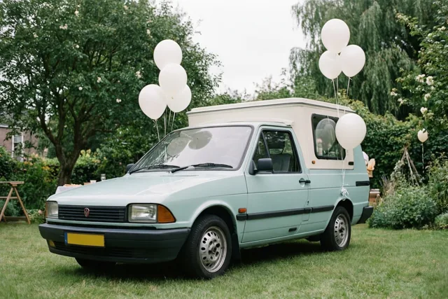 Een lichtgroene en witte kampeerwagen met trossen witte ballonnen staat op een grasveld in een tuin, omringd door groene bomen onder een bewolkte hemel.