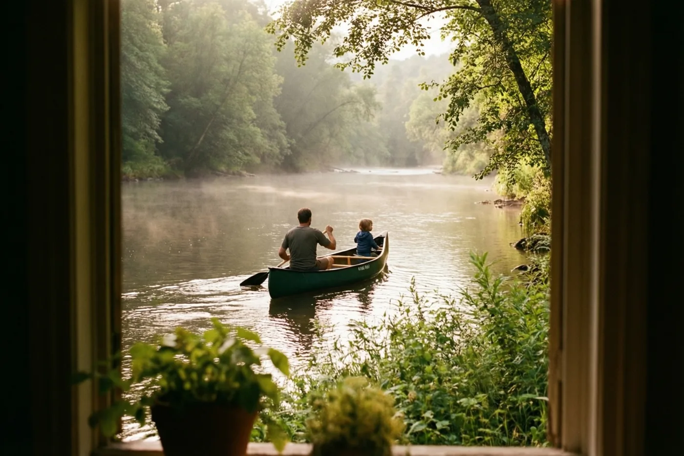 Door een raam met potplanten op de vensterbank zie je een vader en een kind in een groene kano op een mistige rivier, met zacht ochtendlicht en groene bomen langs de oevers.