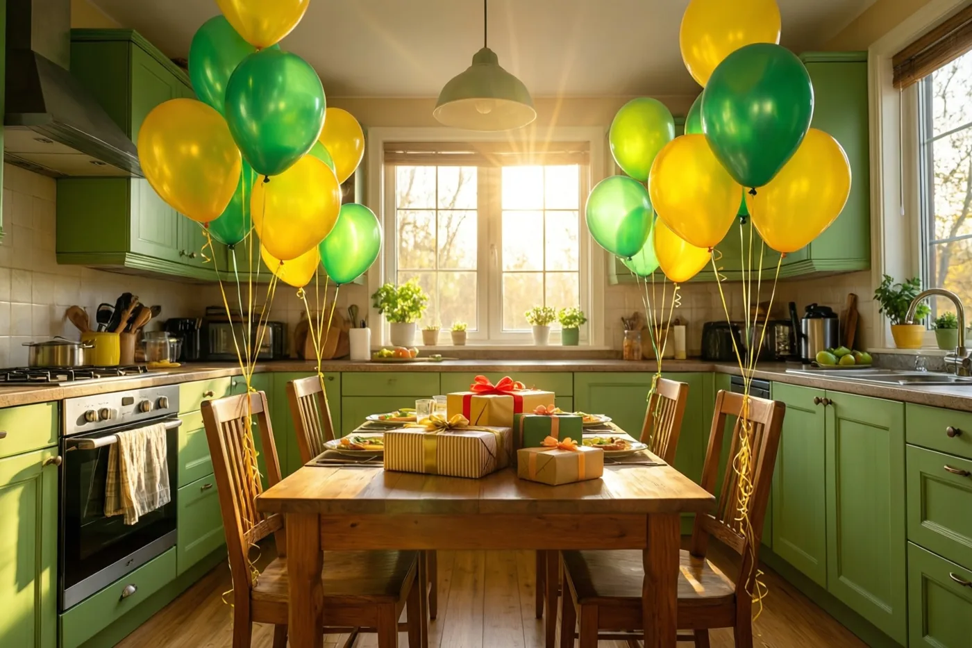 Een zonnige keuken met groene kasten en houten meubels is versierd met groene en gele ballonnen aan de stoelen en cadeaus op tafel.