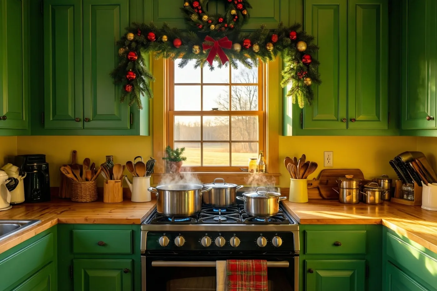 Een keuken met groene kasten, houten werkbladen en gele muren heeft dampende potten op een gasfornuis, rode geruite handdoeken en een dennenslinger met rode versiering boven het raam.