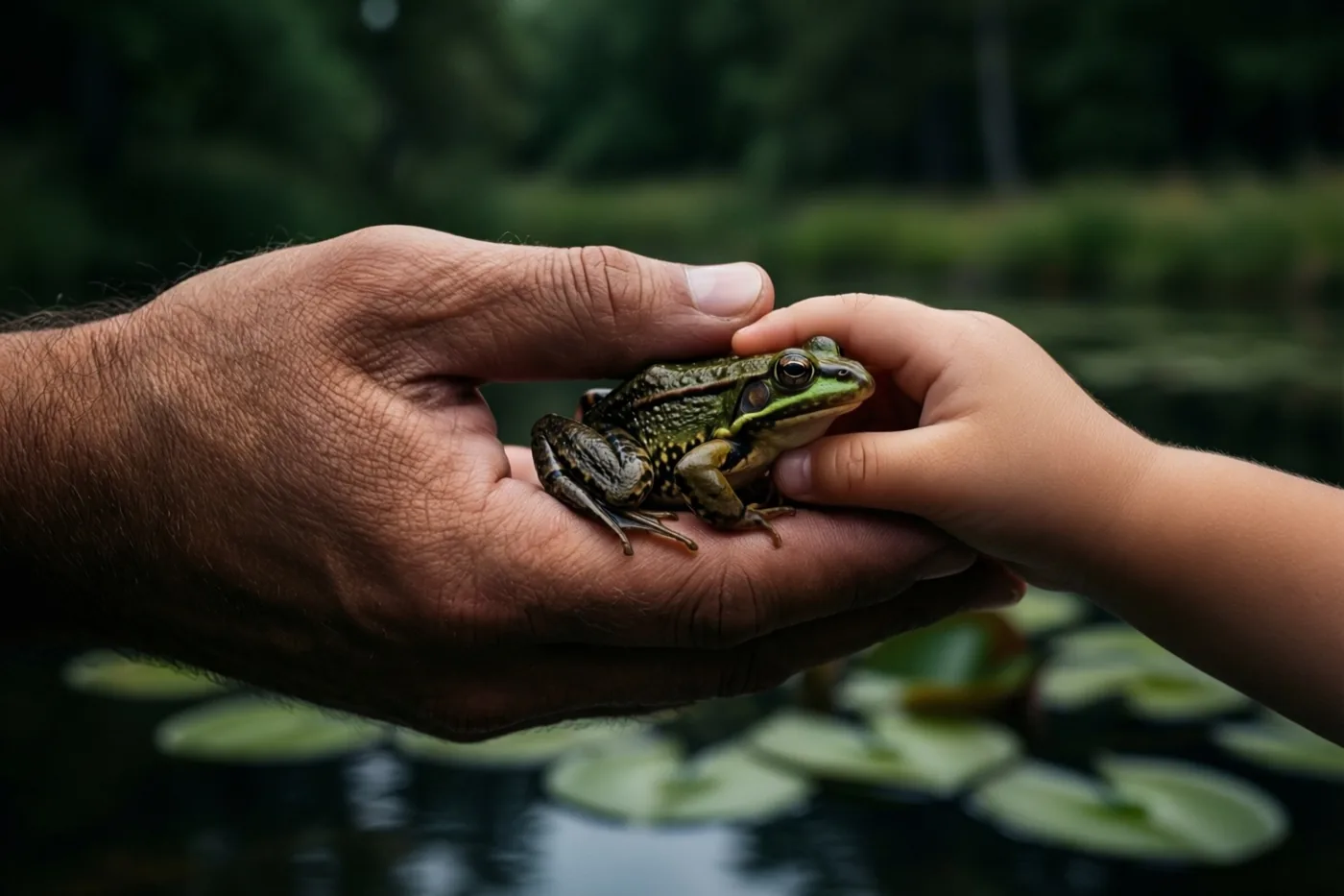 Een grote volwassen hand en een kleine kinderhand houden samen voorzichtig een groene kikker vast boven een vijver met leliebladeren.