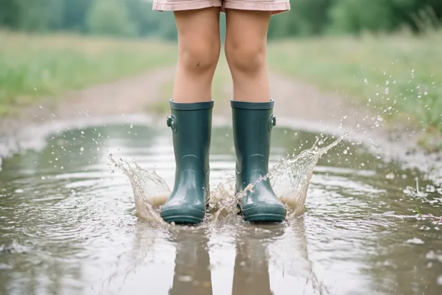 De onderbenen van een kind met groene rubberlaarzen staan in een modderplas met opspattend water op een pad tussen gras en onscherp groen.