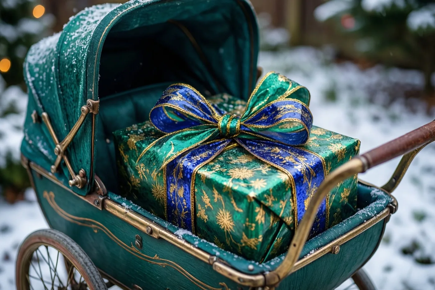 Een groene vintage kinderwagen met goudkleurige afwerking staat in een besneeuwde tuin met een groot kerstcadeau in groen en blauw papier met een grote strik.