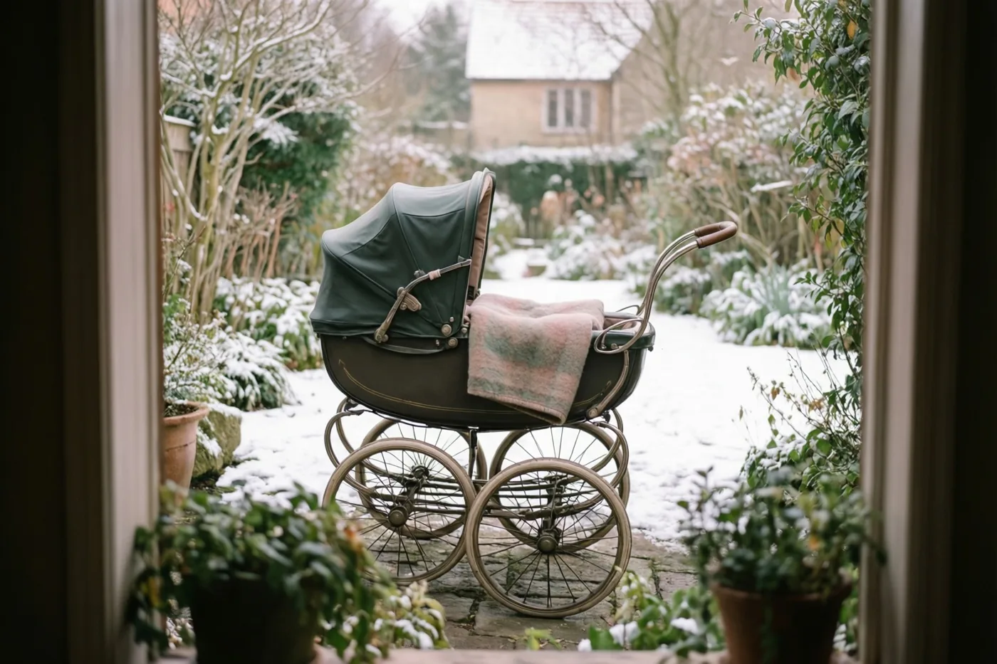 Door een raam zie je een ouderwetse groene kinderwagen met een wollen deken op een besneeuwd tuinpad, met planten en een huis op de achtergrond.