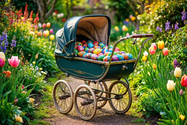 Een kinderwagen vol paasvreugde