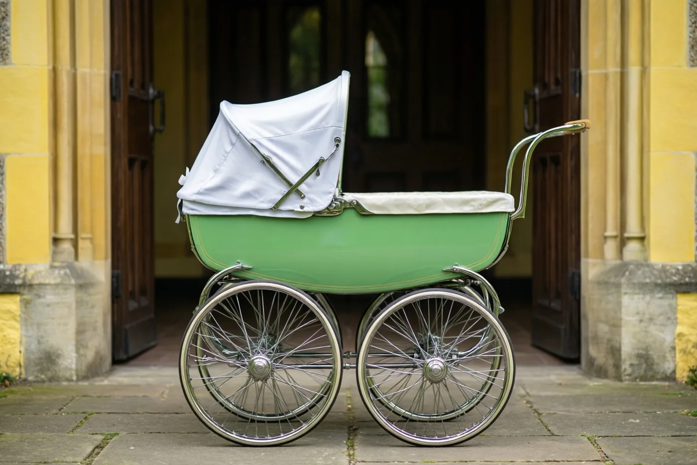 Een oude groene kinderwagen met chromen wielen en een wit doopmutsje staat op stenen bestrating voor een kerkdeur, tussen gele stenen muren en donkere houten deuren.