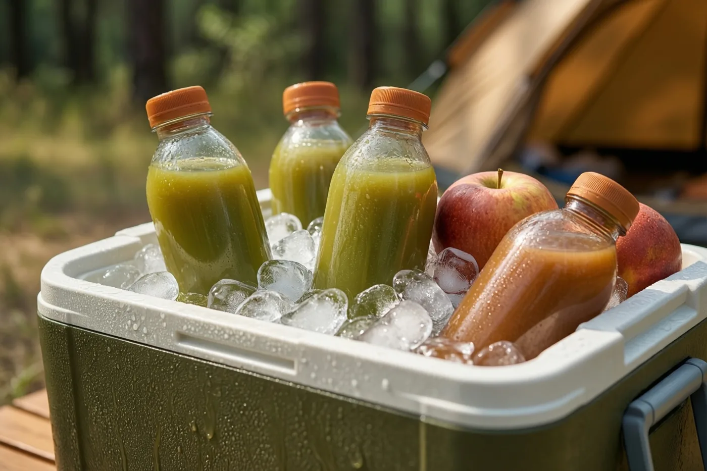 Een groene koelbox met ijs, sapflessen en appels staat op een houten ondergrond op een zonnige kampeerplek, met een tent op de achtergrond.