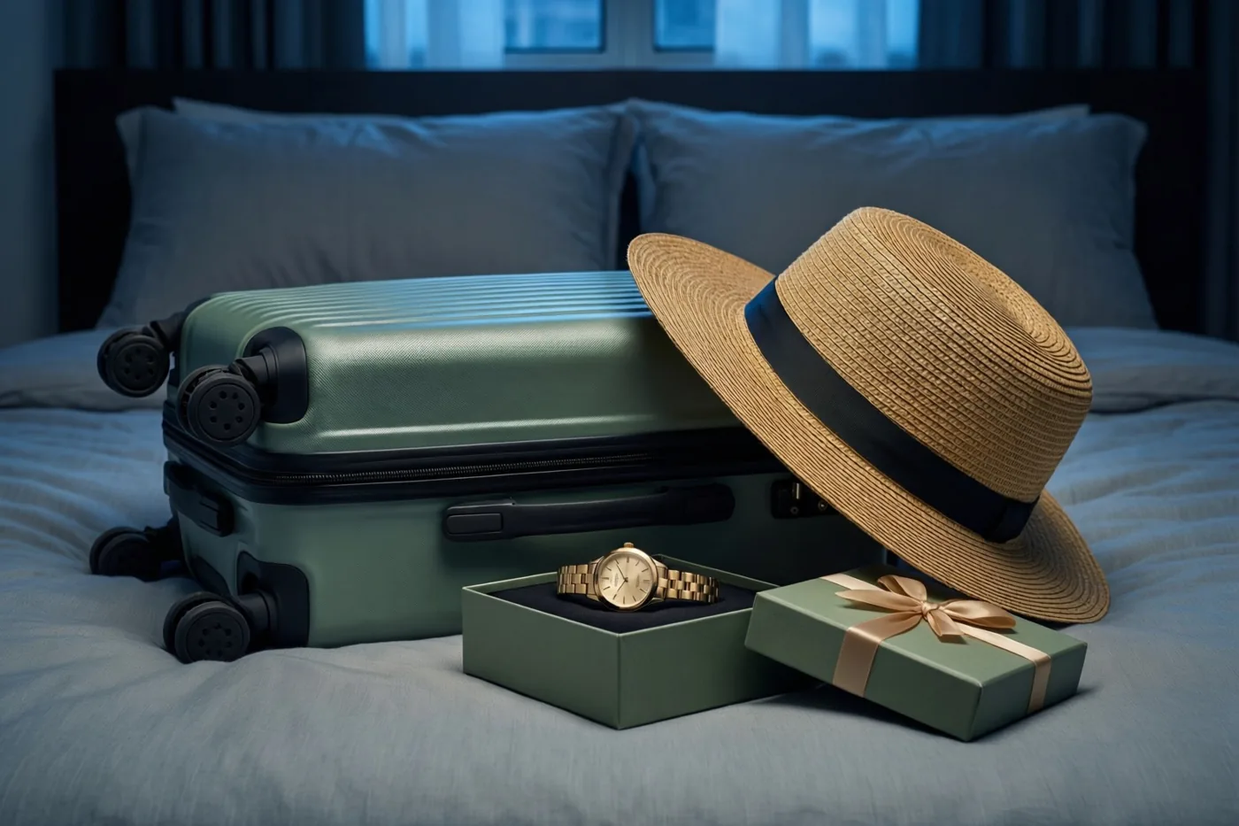 Een groene koffer en een strohoed liggen op een bed naast een open geschenkdoos met een gouden horloge in een schaars verlichte slaapkamer met blauwe tinten.