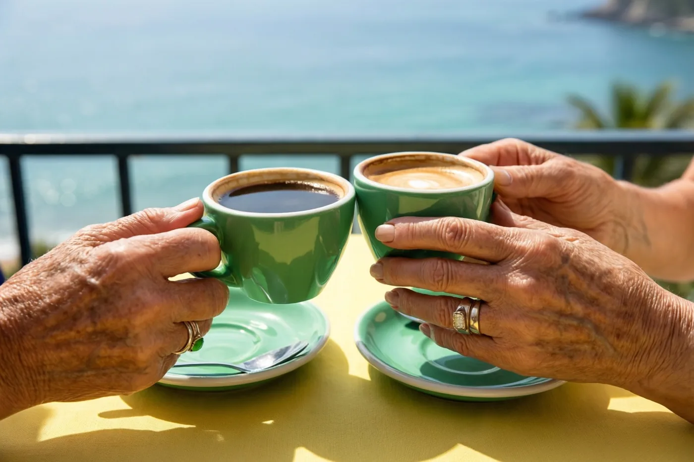 Twee oudere handen met elk een trouwring klinken met groene koffiekopjes boven een geel tafelkleed op een zonnig terras aan een helderblauwe zee.