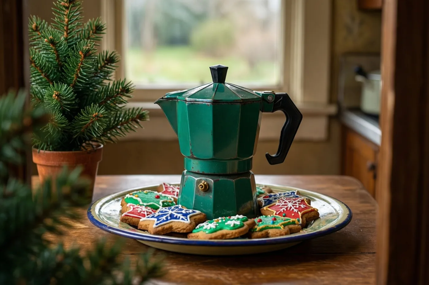 Een groene geëmailleerde koffiepot staat op een bord met versierde kerstkoekjes op een houten tafel, naast een klein dennenboompje in een pot en in warm raamlicht.