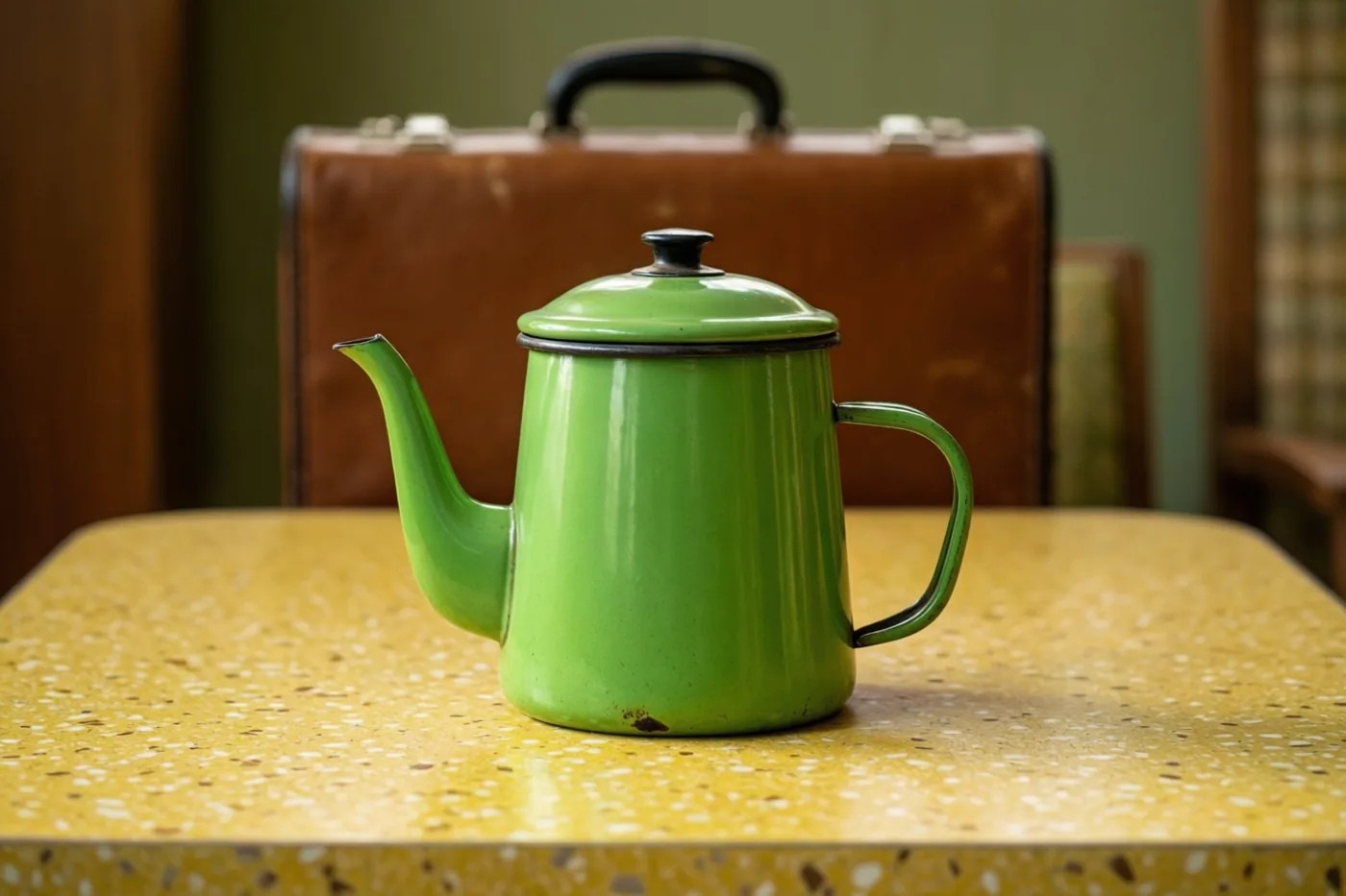 Een felgroene geëmailleerde koffiepot staat op een geelgespikkelde formicatafel, met daarachter een bruine leren aktetas tegen een gedempt groene muur.