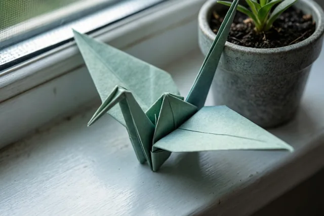 Een groene origamikraanvogel staat naast een kleine potplant op een witte vensterbank in zacht daglicht.