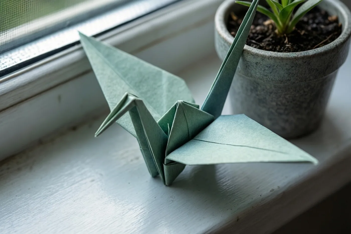 Een groene origamikraanvogel staat naast een kleine potplant op een witte vensterbank in zacht daglicht.