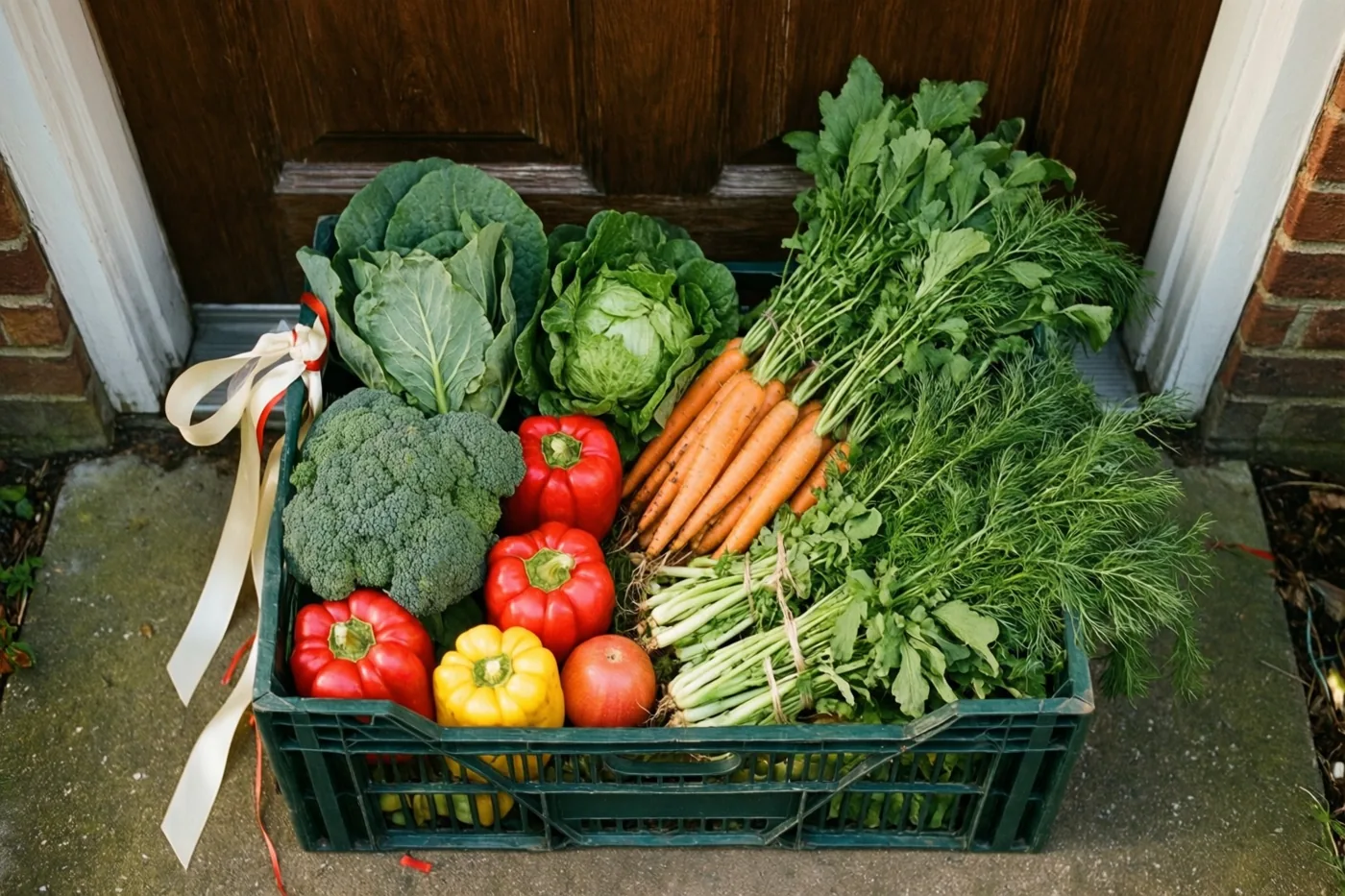 Een groene plastic krat met wortelen, broccoli, paprika’s en bladgroenten staat met een roomkleurig en rood lint op een betonnen trede voor een houten deur tussen bakstenen muren.