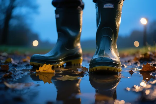 Een paar donkergroene rubberlaarzen staat bij schemering in een ondiepe plas tussen herfstbladeren, met weerspiegelingen van warme straatlichten in het water.