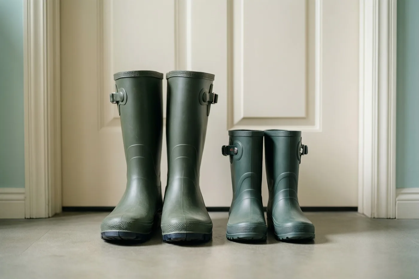 Twee paar groene rubberlaarzen, een groot en een klein paar, staan naast elkaar op de vloer voor een witte deur.