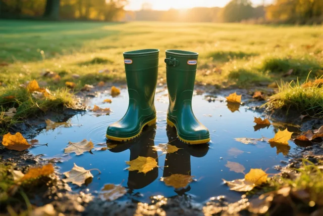 Een paar groene rubberlaarzen staat in een ondiepe plas tussen gevallen herfstbladeren op een grasveld in gouden zonlicht.