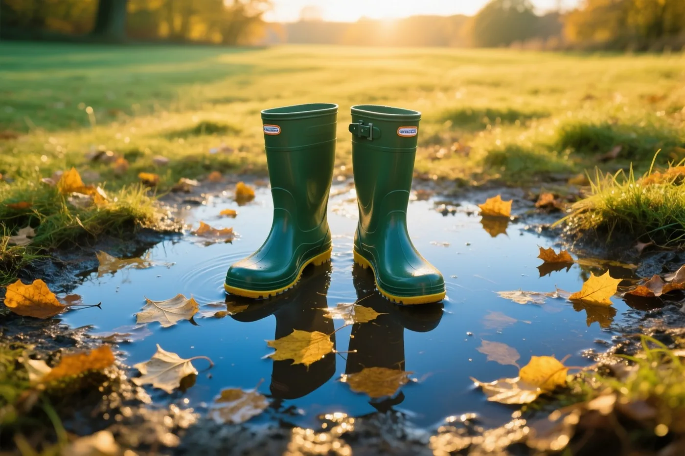 Een paar groene rubberlaarzen staat in een ondiepe plas tussen gevallen herfstbladeren op een grasveld in gouden zonlicht.