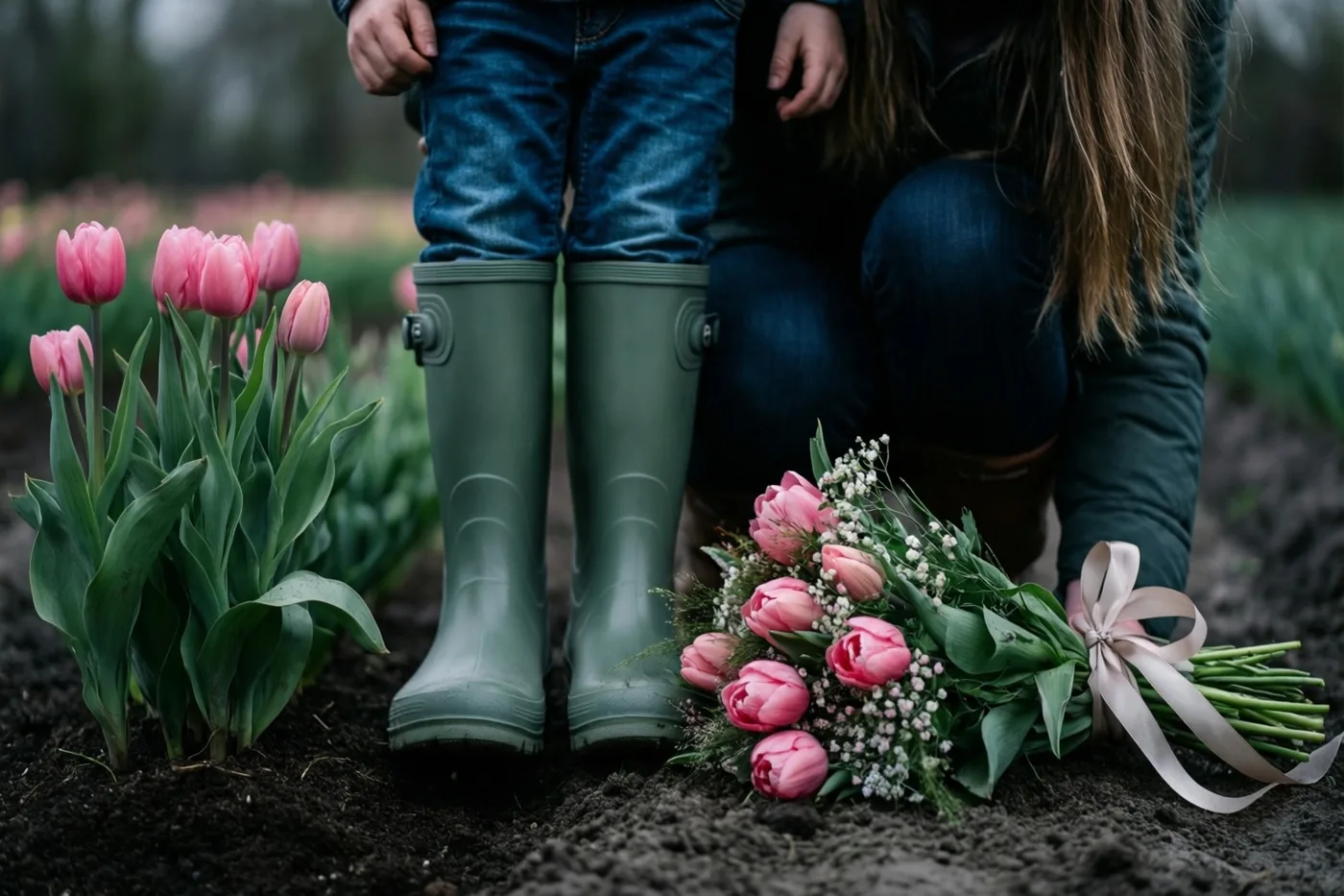 Een moeder en kind staan op groene rubberlaarzen tussen pas geplante roze tulpen, met een boeket roze tulpen met een lint op de donkere tuinaarde naast hen.