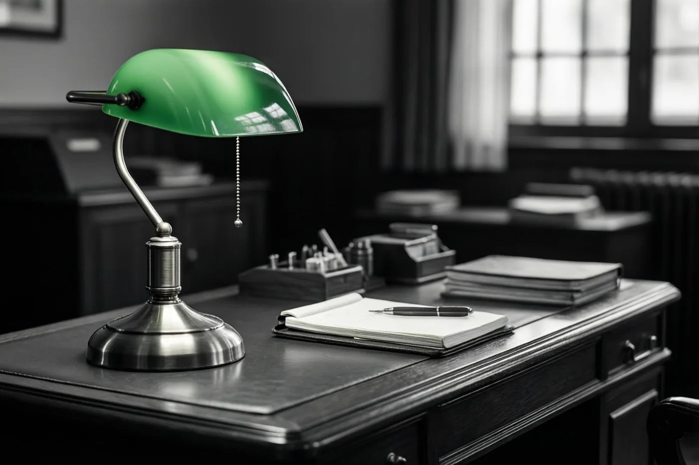 Een bureau uit de jaren vijftig met een open notitieblok is in zwart-wit weergegeven, terwijl de bankierslamp groen is.