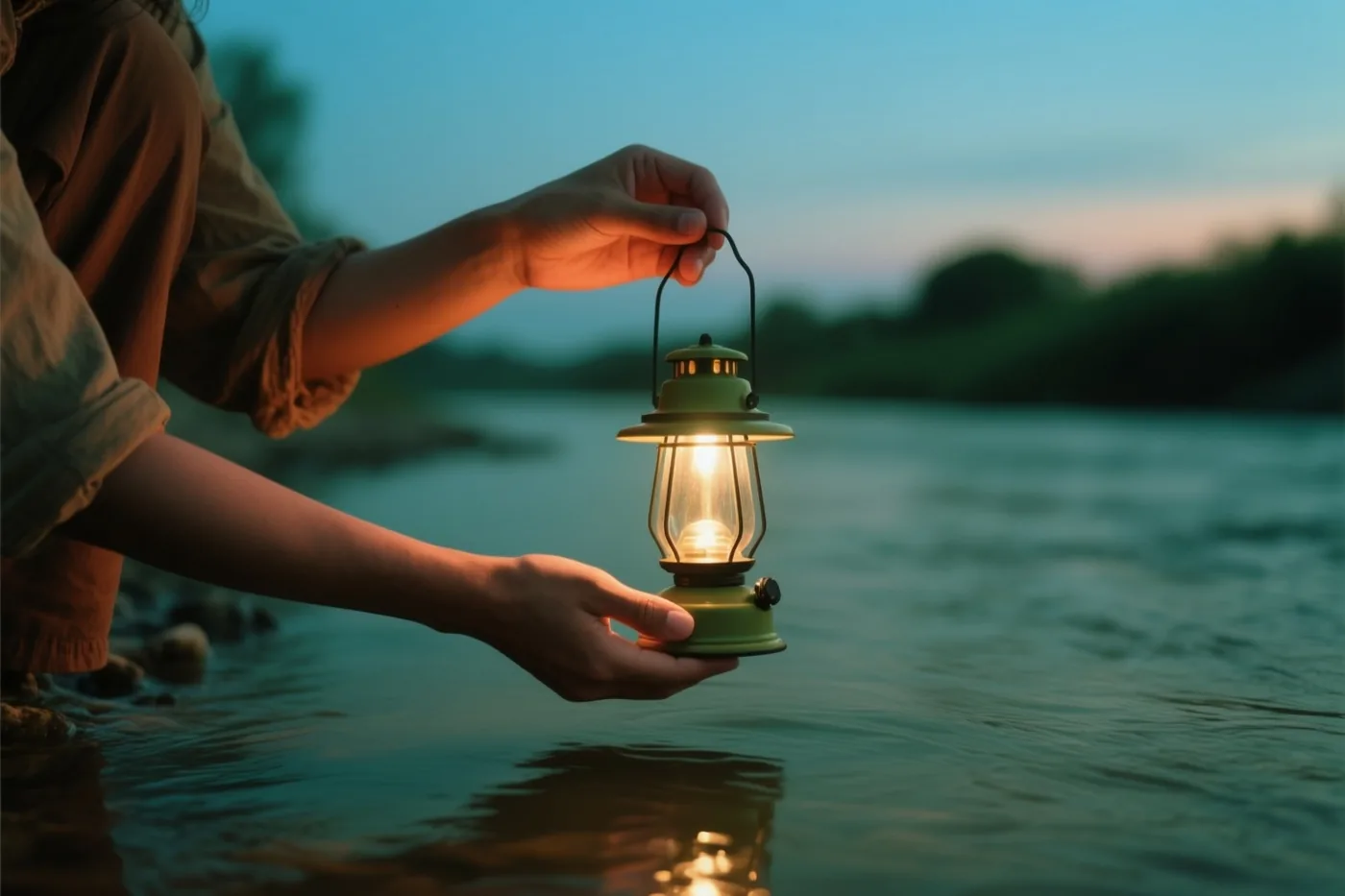Handen houden bij schemering een brandende groene lantaarn boven een rivier, met licht dat op het water weerspiegelt in oranje en blauwe tinten.