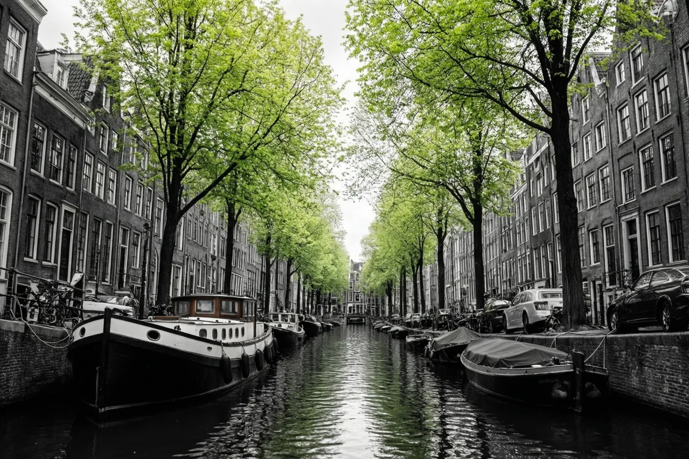 Een gracht met aangemeerde boten en oude bakstenen gevels is weergegeven in zwart-wit, terwijl het water en de lindebomen felgroen gekleurd zijn.