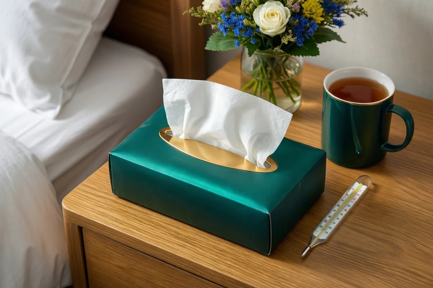 Een groene doos zakdoekjes, een donkergroene mok thee en een glazen thermometer staan op een nachtkastje naast een vaas bloemen en een bed met wit beddengoed.