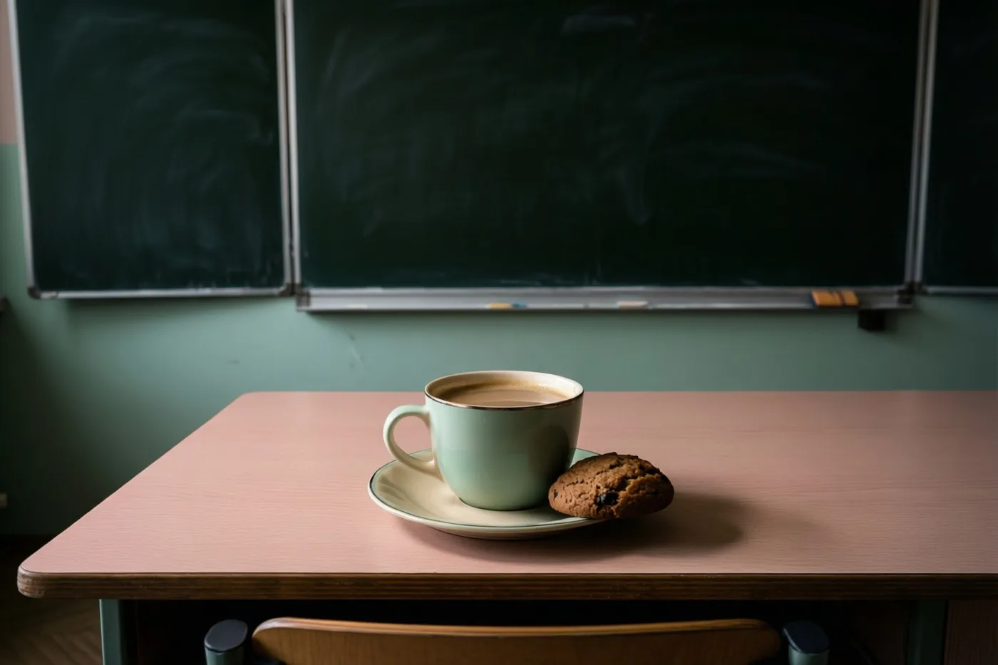 Een lichtgroene mok koffie en een koekje met stukjes chocolade staan op een roze houten bureau voor een groot schoolbord, met zachtgroene muren op de achtergrond.