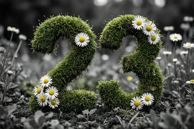 Een groen mosframe in de vorm van 23 is versierd met witte madeliefjes en staat in een tuin die in zwart-wit is weergegeven.