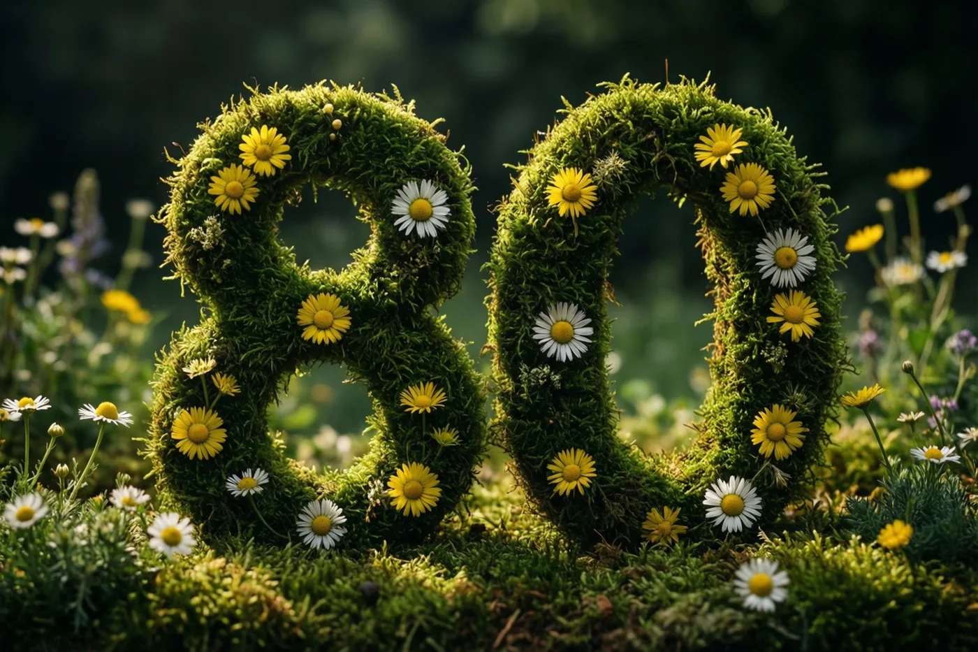 Een frame van weelderig groen mos vormt het getal 80, versierd met gele en witte madeliefjes in een landelijke tuin met een onscherpe natuurlijke achtergrond.