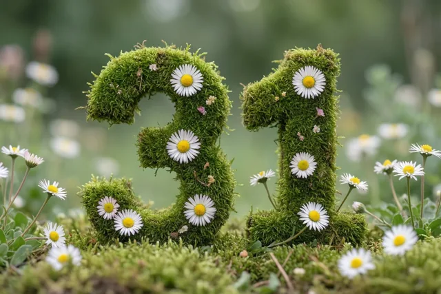 Het getal 31 is gevormd uit groen mos en versierd met witte madeliefjes in een landelijke tuin met een onscherpe achtergrond.