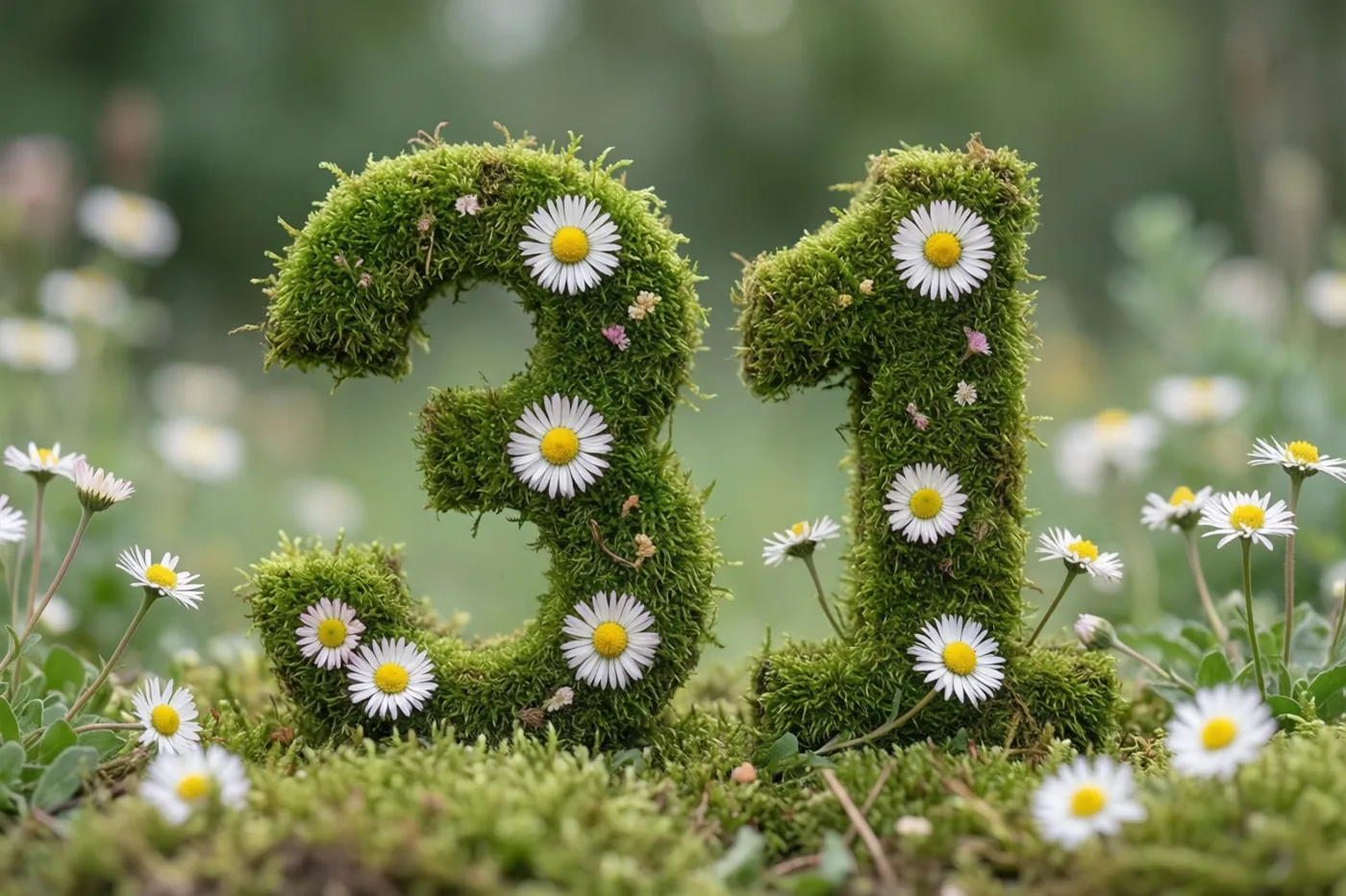 Het getal 31 is gevormd uit groen mos en versierd met witte madeliefjes in een landelijke tuin met een onscherpe achtergrond.
