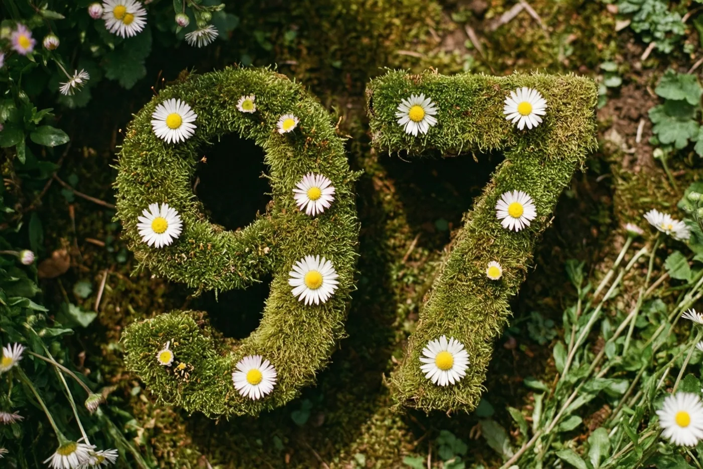 Een met mos bekleed raamwerk vormt 97 in een landelijke tuin, versierd met madeliefjes in groene, witte en gele tinten.