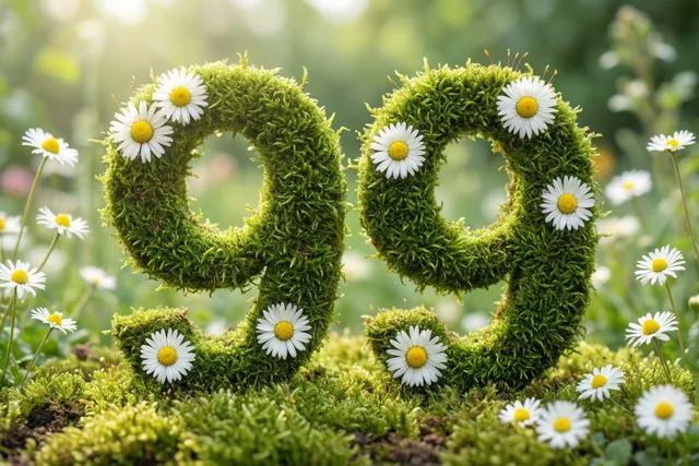 Het getal 99 is gevormd uit een weelderig groen mosframe met witte madeliefjes in een landelijke tuin met een zachte natuurlijke achtergrond.