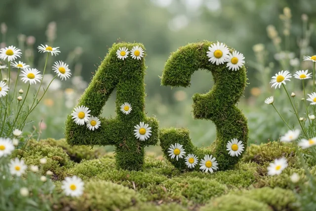 Het getal 43 is gevormd uit groen mos en versierd met witte madeliefjes in een landelijke tuin.