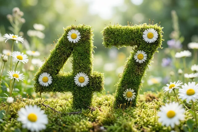 Het getal 47 is gevormd uit groen mos en versierd met witte madeliefjes in een landelijke tuin met onscherpe bloemen op de achtergrond.