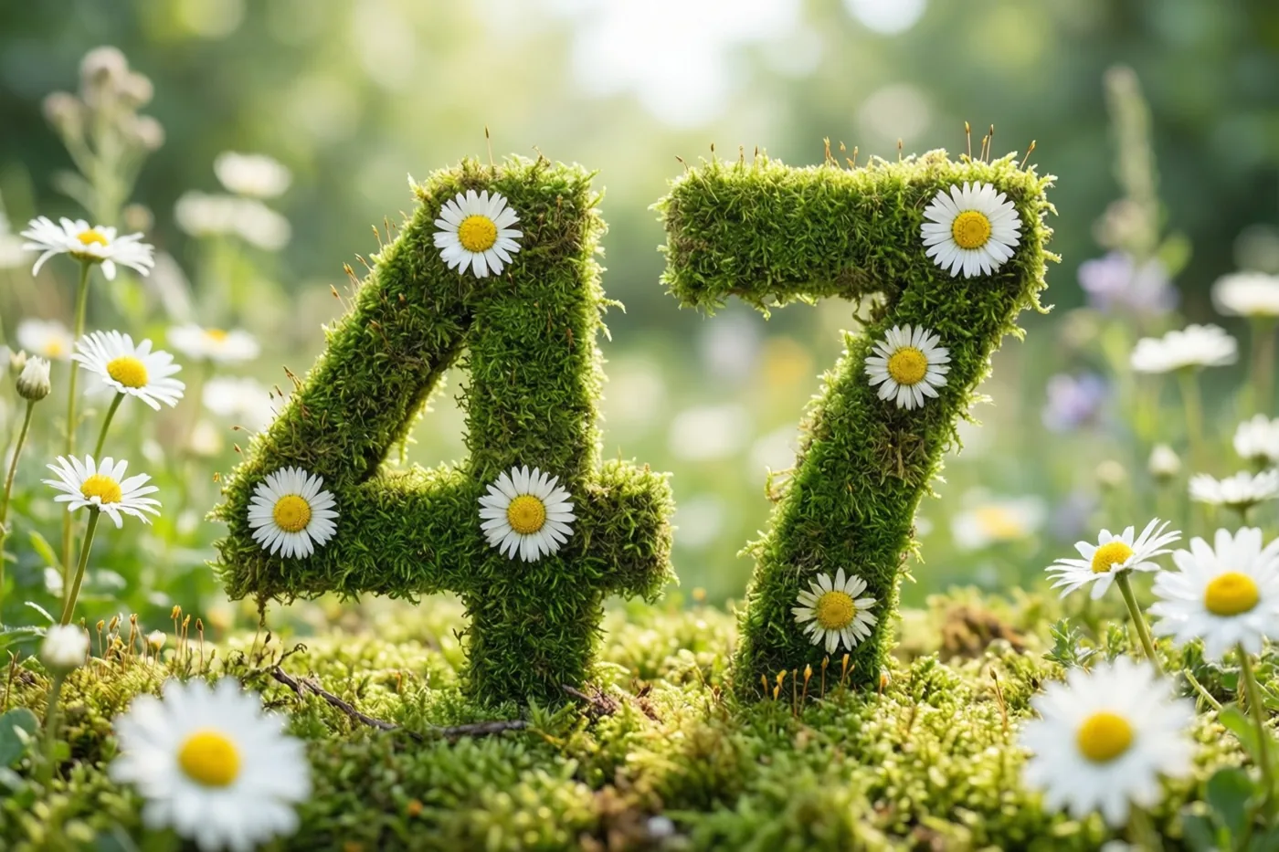 Het getal 47 is gevormd uit groen mos en versierd met witte madeliefjes in een landelijke tuin met onscherpe bloemen op de achtergrond.