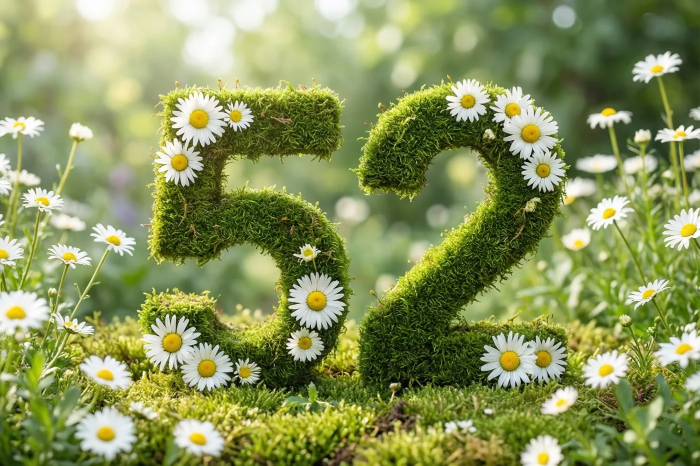 Groen mos vormt het getal 52, versierd met witte madeliefjes in een lichte landelijke tuin met een zachte achtergrond.
