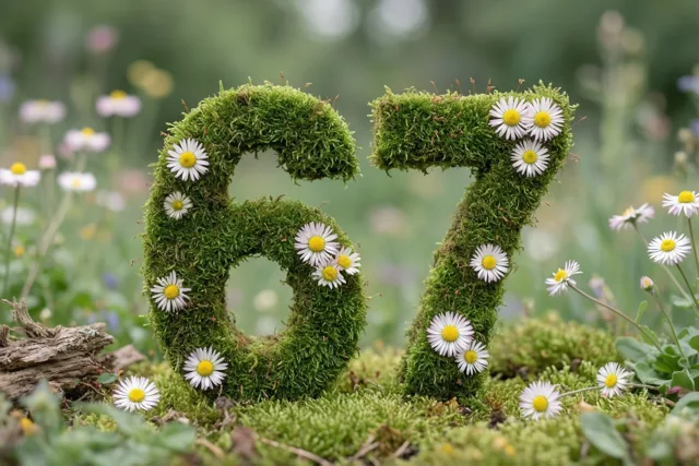 Een weelderig groen mosframe in de vorm van 67 is versierd met witte madeliefjes, met onscherpe bloemen in een landelijke tuin op de achtergrond.