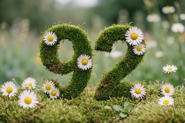 Het getal 92 is gevormd uit groen mos en versierd met witte madeliefjes in een landelijke tuin.