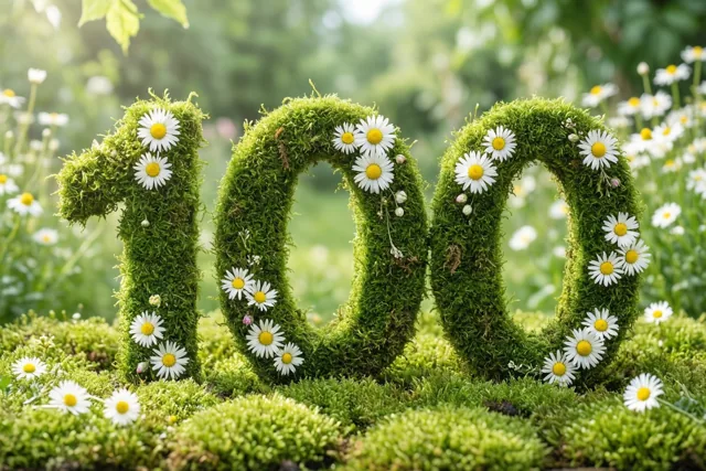 Een vorm van weelderig groen mos vormt 100, versierd met witte madeliefjes met gele hartjes tegen een onscherpe tuinachtergrond.