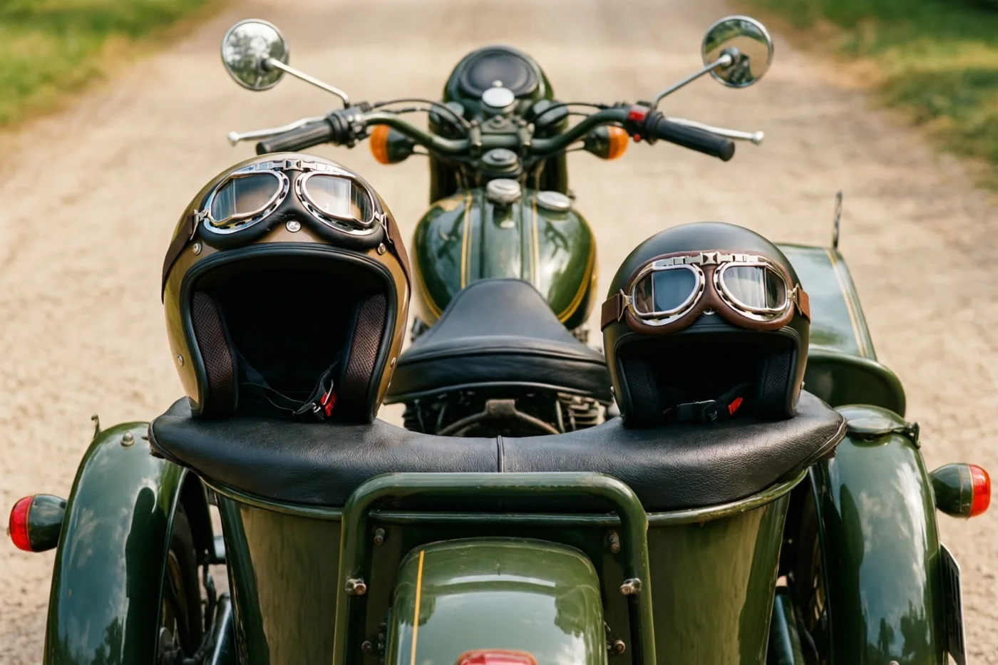 Een oude groene motor met zijspan staat op een onverhard pad, met een grote en een kleine leren helm met brillen op de zitplaatsen.