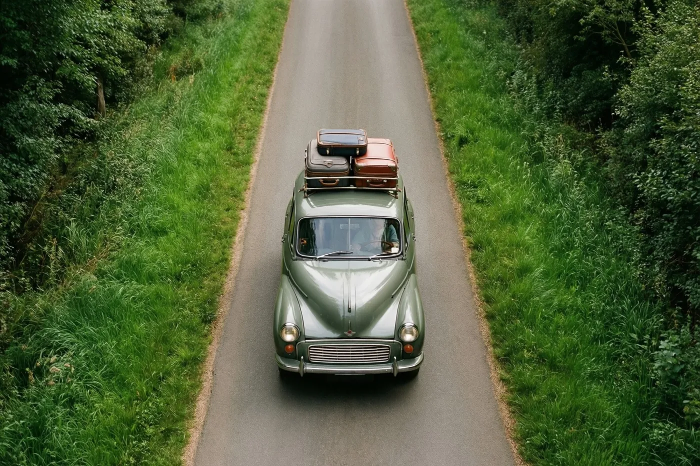 Een oude groene auto met bagage op de dakdrager rijdt weg over een smal verhard weggetje tussen groen gras en bomen.