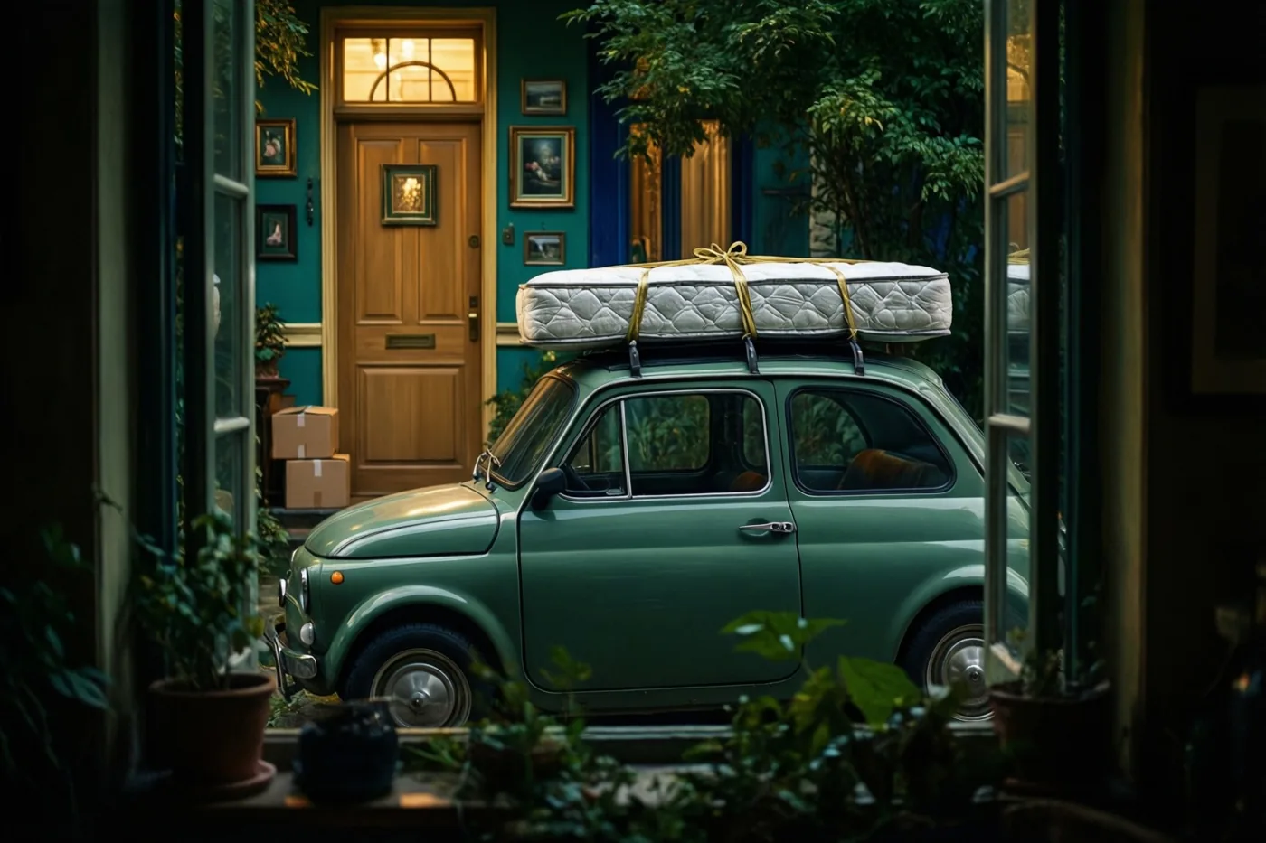 Door een open raam met kamerplanten is een groene oldtimer te zien met een matras op het dak, voor een nieuwe houten deur met dozen erbij in warm avondlicht.