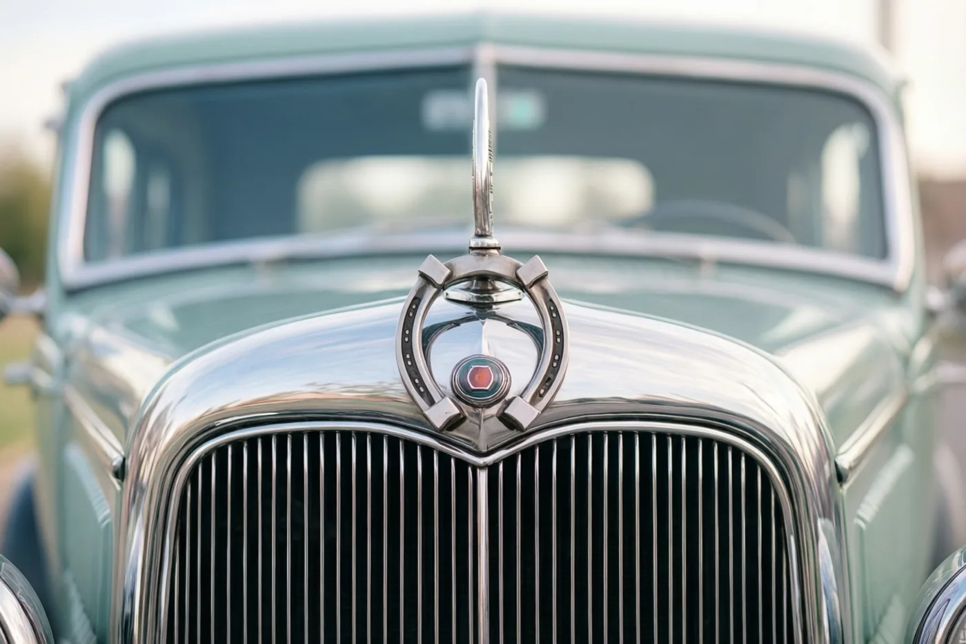 De grille van een groene oldtimer met een verchroomd hoefijzerembleem met rood midden is van dichtbij te zien in zacht daglicht buiten.