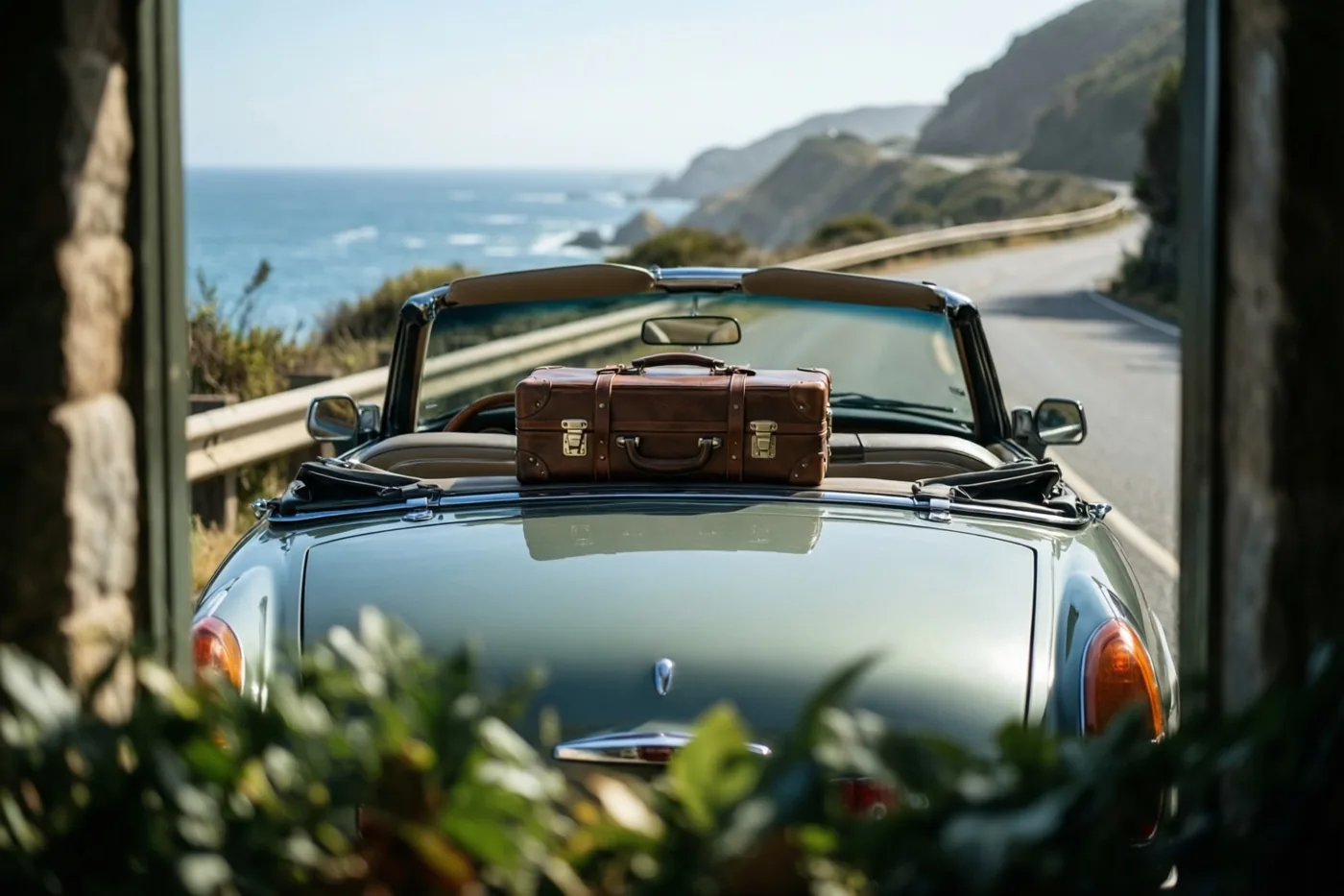 Een groene oldtimer cabrio met een bruine leren koffer achterop staat geparkeerd op een kronkelende kustweg tussen stenen pilaren en groen, met uitzicht op zee onder een zonnige lucht.