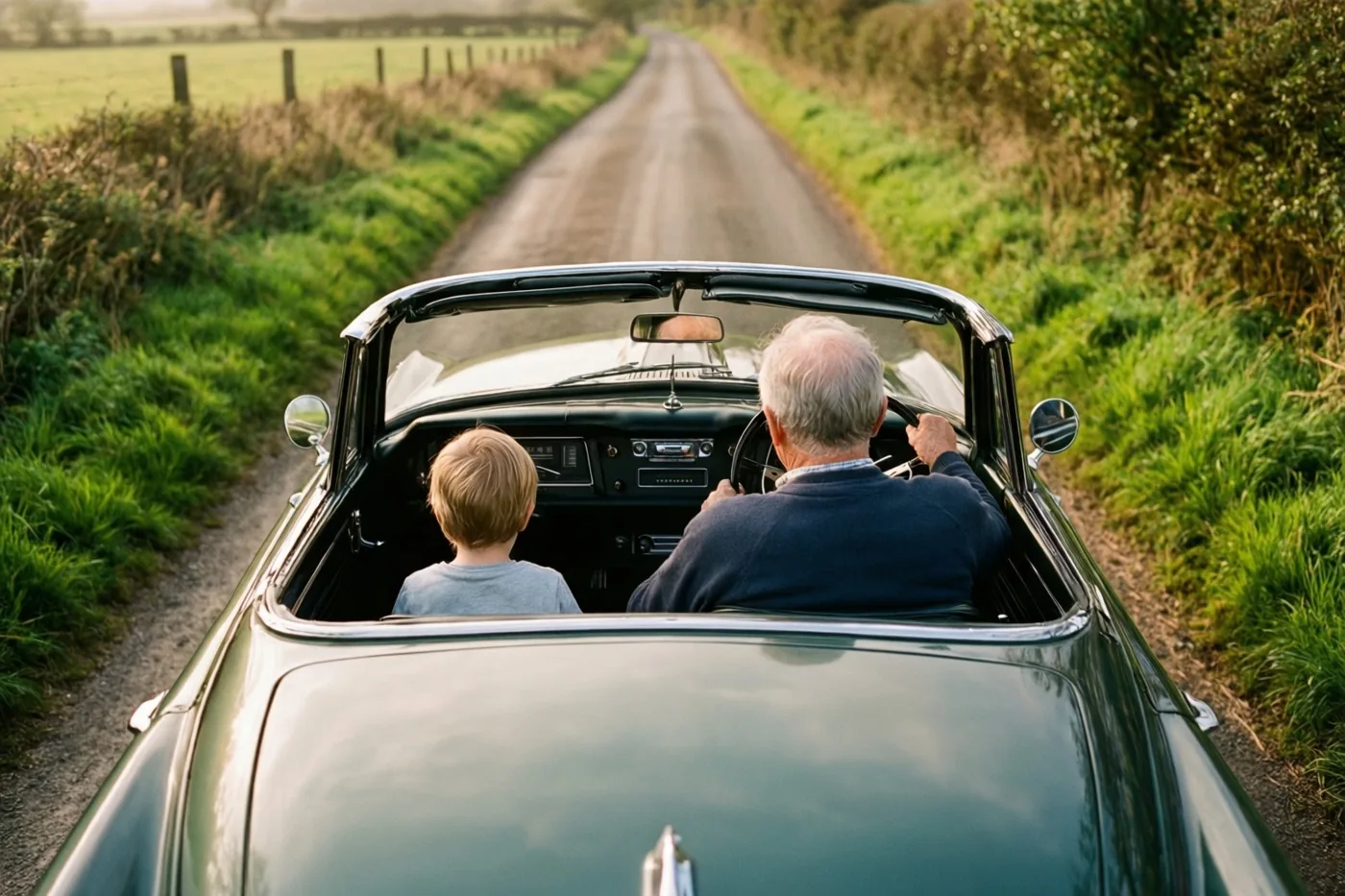 Een oudere man rijdt met een klein kind naast zich in een groene oldtimer zonder dak over een landelijke zandweg tussen groene velden en hagen, van achteren gezien.